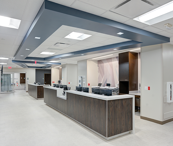 Interior view of nurse station at the Menorah Medical Center Patient Bed Tower