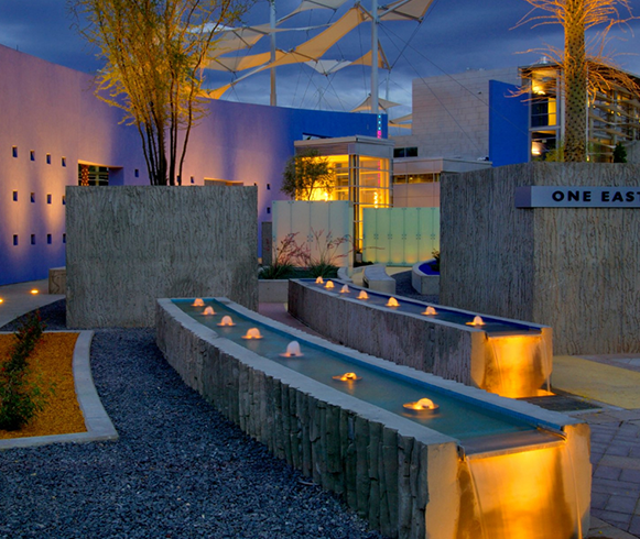 Exterior view of Mesa Arts Center walkways with fountains