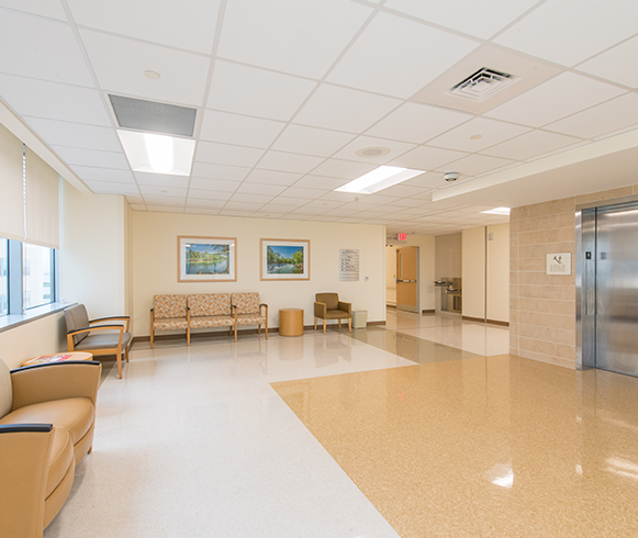 Interior view of seating area inside the Methodist Stone Oak Hospital