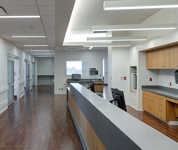 Interior view of nurse desks at the Midland Memorial Hospital