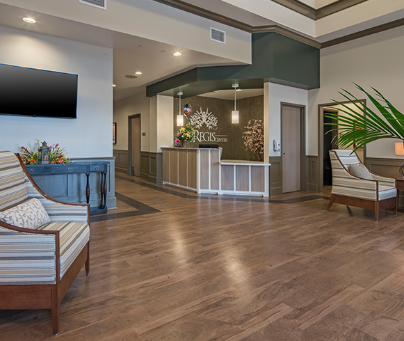 Interior view of lobby at the Mount Regis Center
