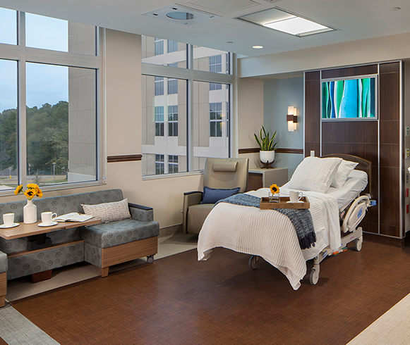 Interior view of patient bed in the North Alabama Medical Center