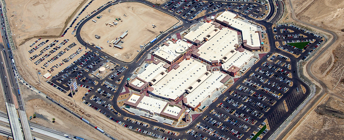 Exterior high altitude drone view of the Outlets at Tejon Ranch