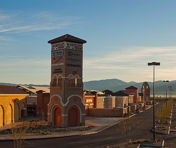 Exterior drone view of Outlets at Tejon Ranch