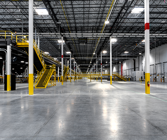 Interior view of the ORH5 Sortation Center in Uxbridge, Massachusetts