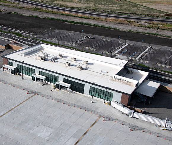 Exterior drone view of the Terminal Replacement and Provo Airport
