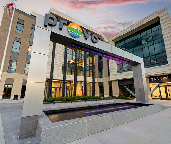 Exterior view of fountain in front of the Provo City Center