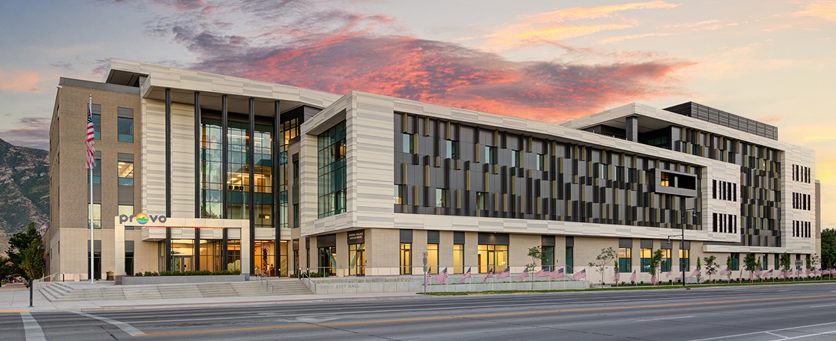 Wide angle exterior view of the Provo City Center