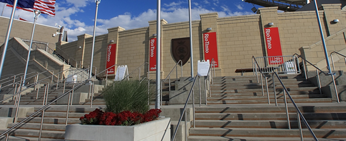 Exterior view of staircase at the entrance to the America First Field