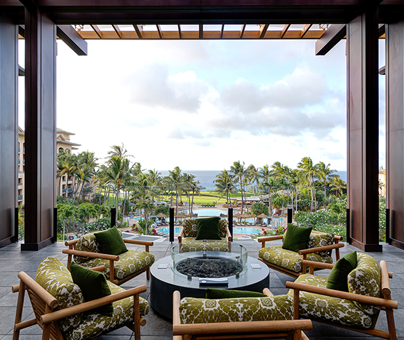 Interior lounge & balcony view overlooking The Ritz-Carlton at Kapalua