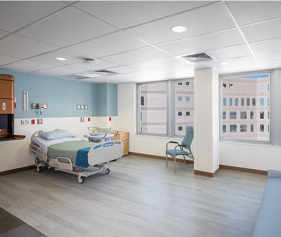 Interior view of patient bed inside the Rocky Mountain Hospital for Children
