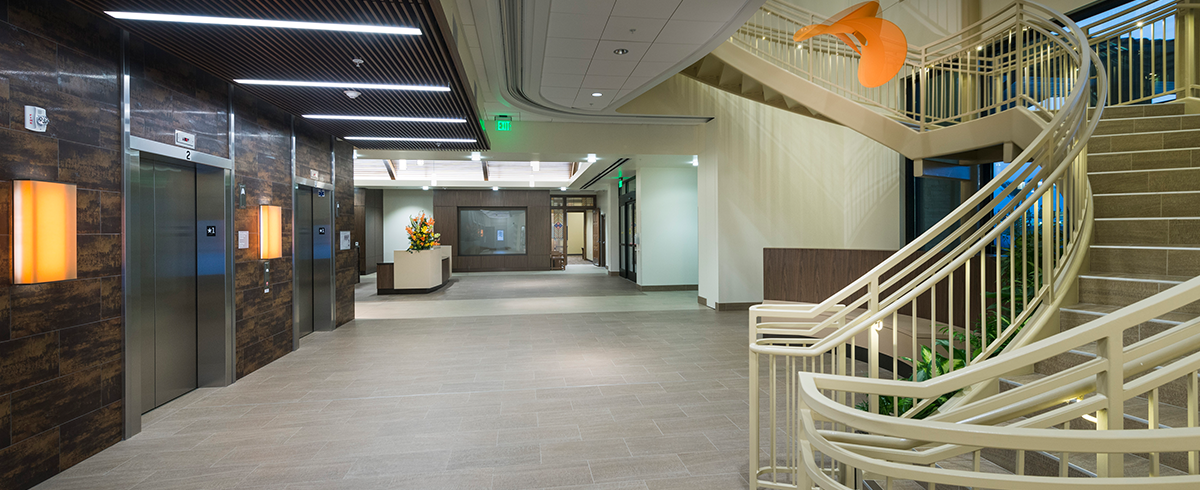 An open area by the SACHS Norton Clinic entrance with elevators and the staircase.