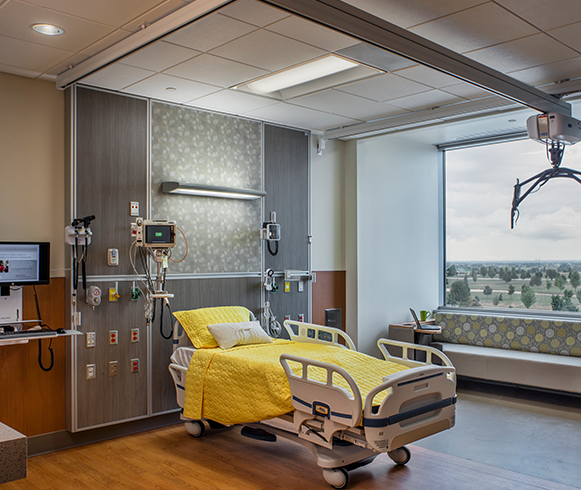 Interior view of patient bed in the Saint Alphonsus Medical Center