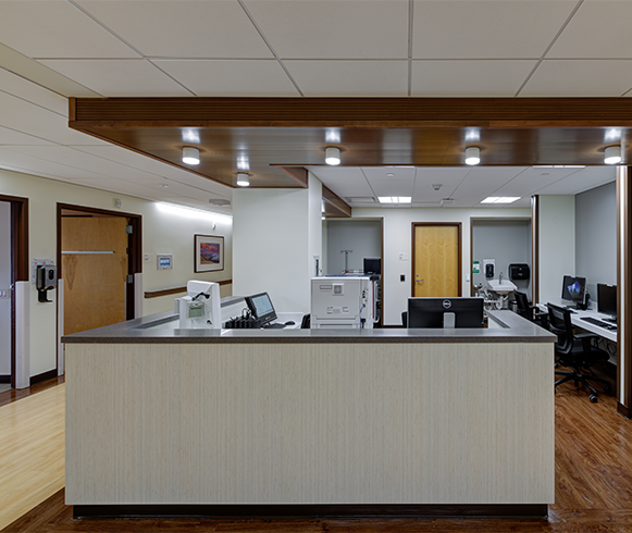 Interior view of a nurse station at the San Leandro Hospital