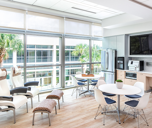 Interior view of the break room at the Sarah Cannon Research Institute