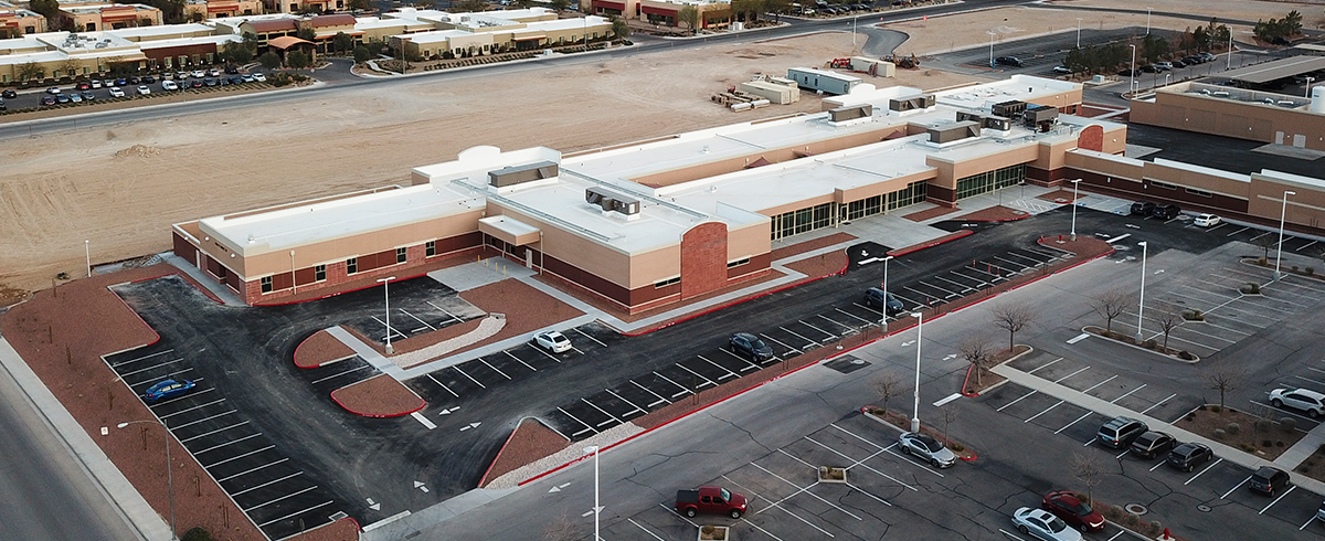 Exterior drone view of the Southern Hills Hospital and Medical Center