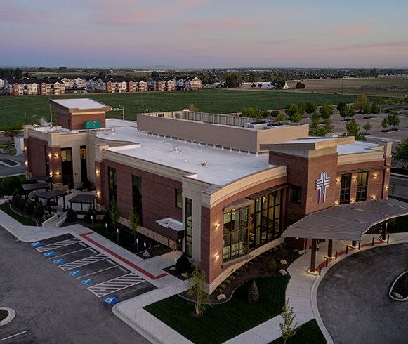 Exterior drone view of the St. Luke's Mountain State Tumor Institute