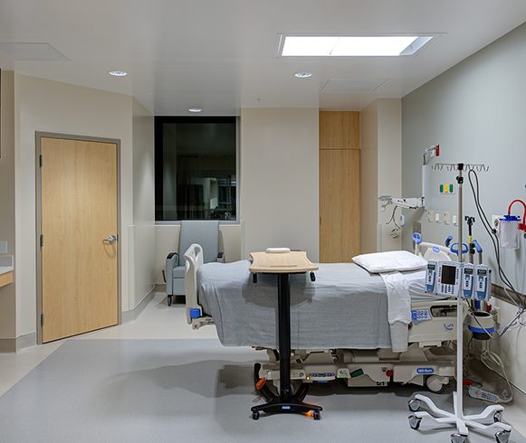 Interior view of patient bed in the Sunrise Hospital and Medical Center