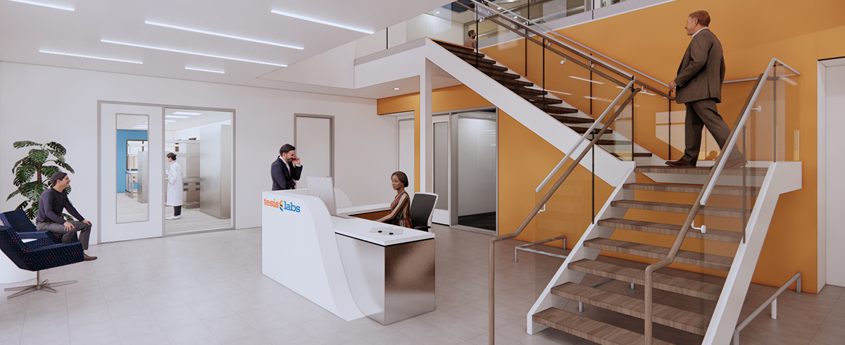 Interior view of front desk and staircase inside the Tesis Laboratory