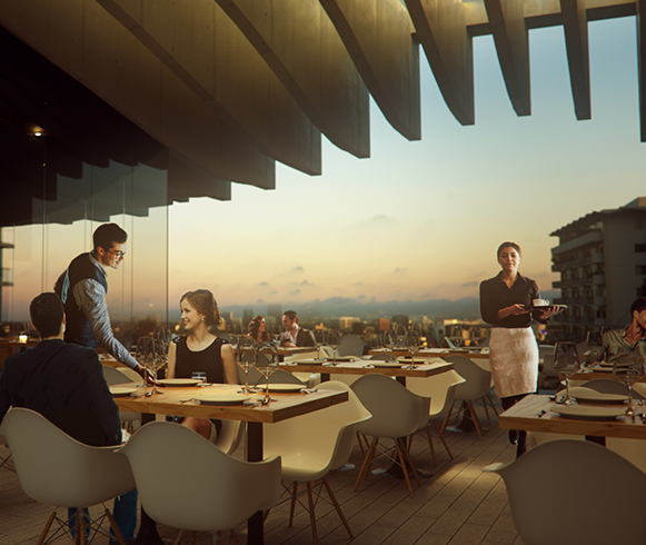 Interior rendering of dining customers at The Now