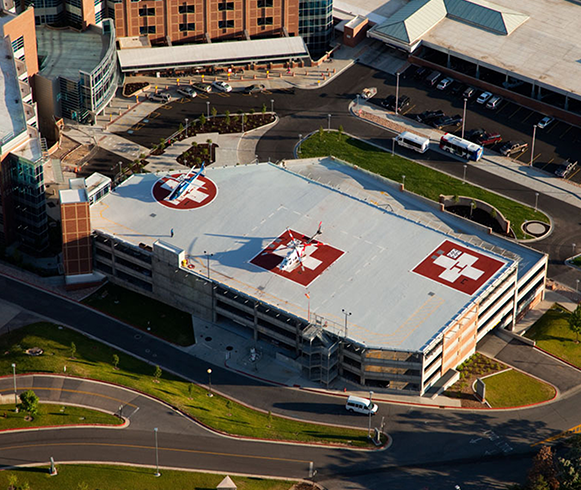 Exterior drone view of the helicopter landing pads at the West Pavilion at the University of Utah Hospital