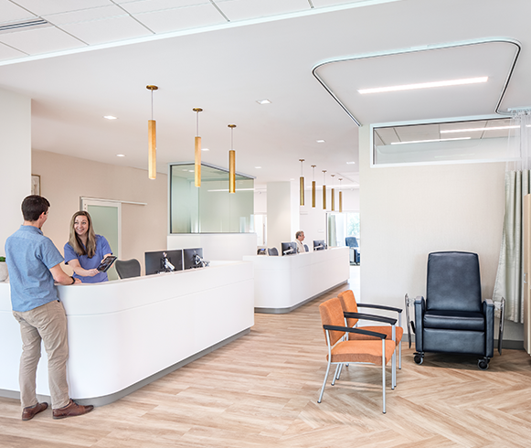 Interior view of reception desk at the Sarah Cannon Research Institute