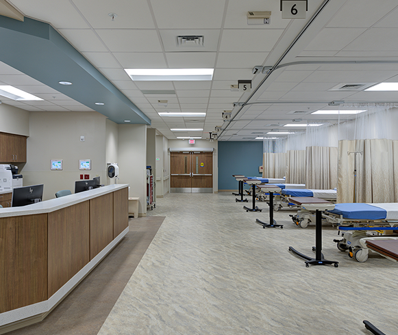 Interior view of multiple patient beds inside Lake Nona Medical Center at the University of Central Florida