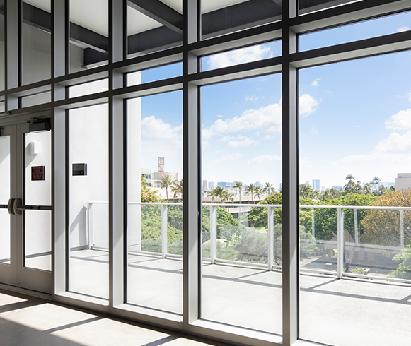 Interior view of windows in the Pacific Biosciences Research Center at the University of Hawaii