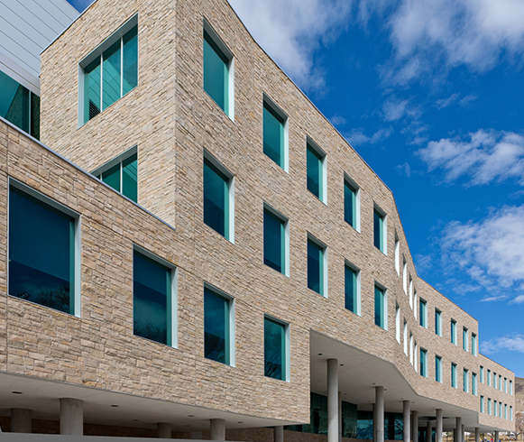 Exterior view of windows of the Sorenson Molecular Biotechnology Building at the University of Utah