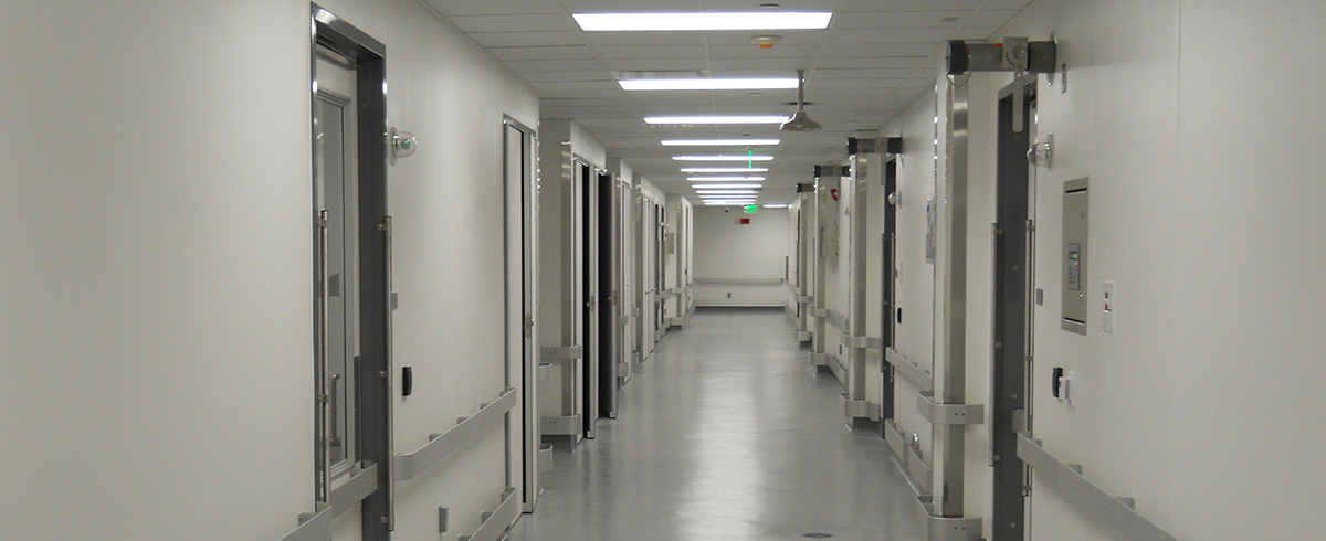 Interior view of hallway in the Sorenson Molecular Biotechnology Building at the University of Utah