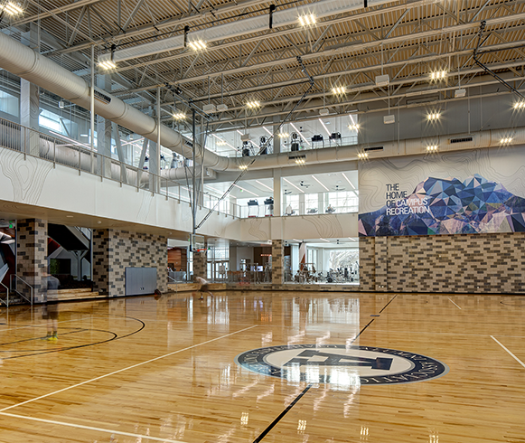 Interior view of basketball court in the Human Performance Center Utah Tech University