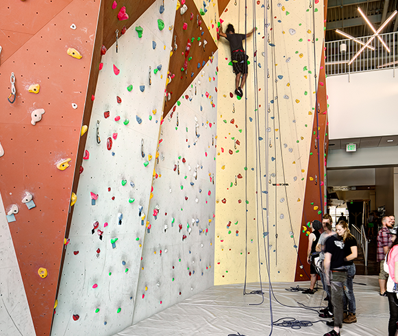 Interior view of rock climbing wall in the Human Performance Center Utah Tech University