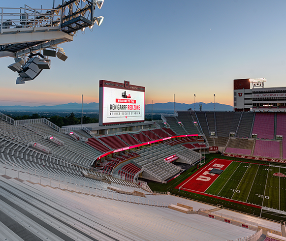 Interior view of the seating at the Ken Garff Performance Zone at Rice-Eccles Stadium