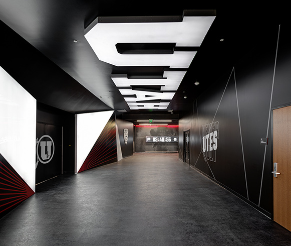 Interior view of hallway in the Ken Garff Performance Zone at Rice-Eccles Stadium