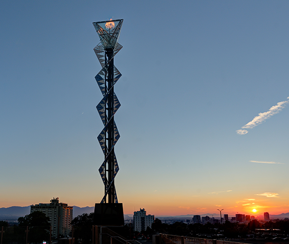 Exterior view of decorative tower at the Ken Garff Performance Zone at Rice-Eccles Stadium