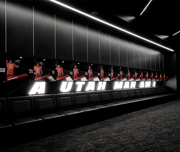 Interior view of locker room at the Ken Garff Performance Zone at Rice-Eccles Stadium
