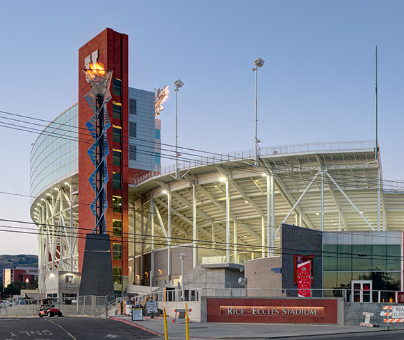 Exterior view of side entrance to the Ken Garff Performance Zone at Rice-Eccles Stadium