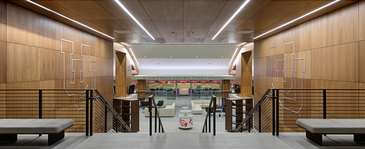 Interior view of family lounge in the Ken Garff Performance Zone at Rice-Eccles Stadium