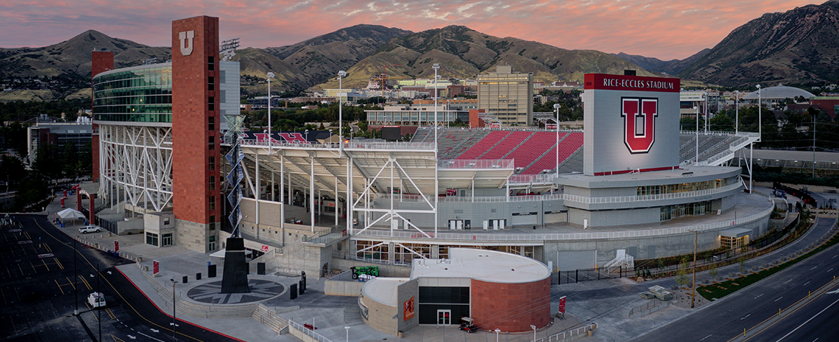 Exterior drone view of the Ken Garff Performance Zone at Rice-Eccles Stadium