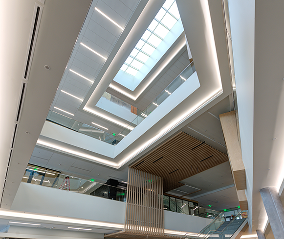 Interior view of the multiple floors in the Scott C. Keller Business Building at Utah Valley University