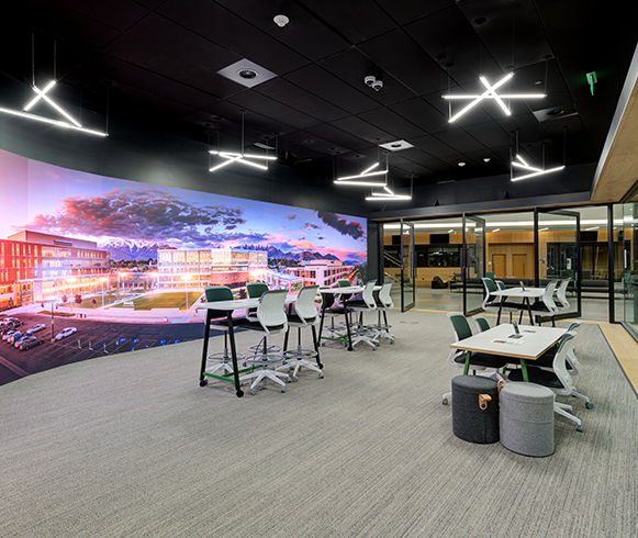 Interior view of collaboration space in the Scott C. Keller Business Building at Utah Valley University