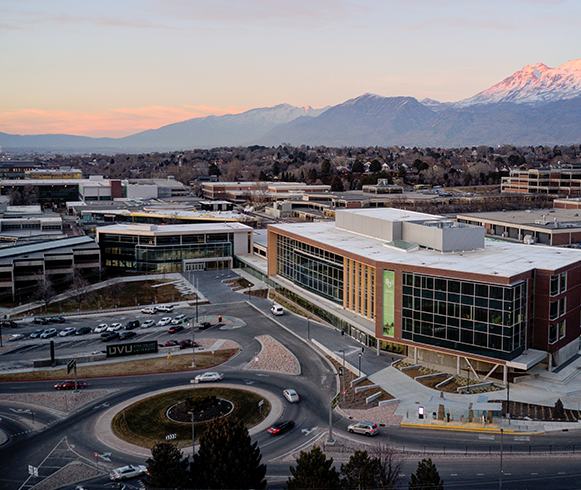 High altitude drone view of the Scott C. Keller Business Building at Utah Valley University