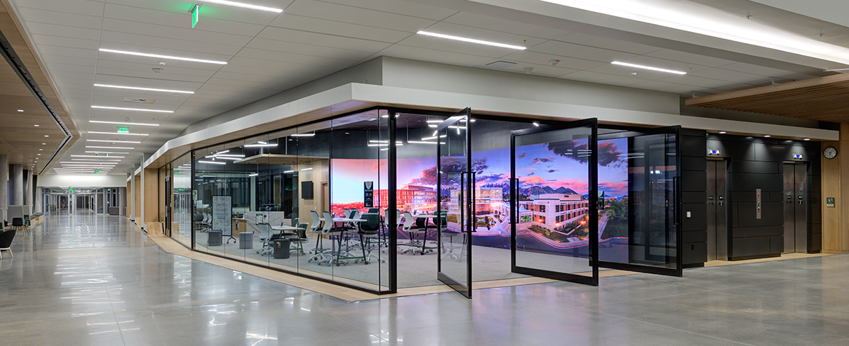 Interior view of collaboration spaces in the Scott C. Keller Business Building at Utah Valley University