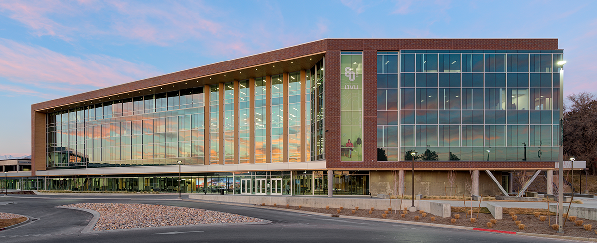 Wide angle exterior view of the Scott C. Keller Business Building at Utah Valley University