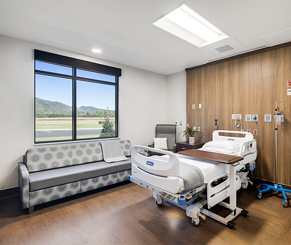 Interior view of patient bed inside the Unicoi County Memorial Hospital and Long-Term Care