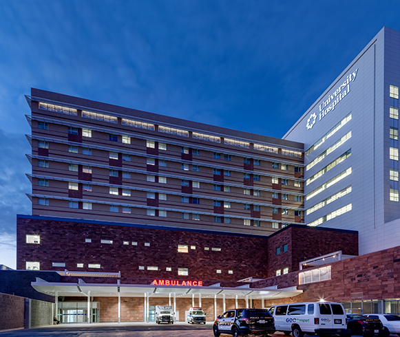 Exterior view of emergency room entrance at the University Hospital, Sky Tower Expansion
