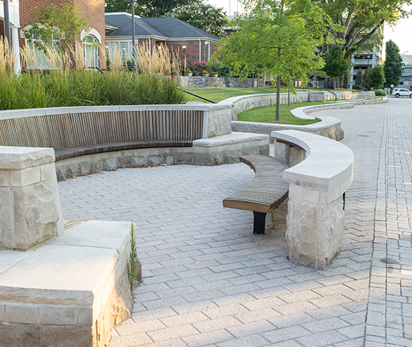 Exterior view of outdoor seating at the Vanderbilt Student Housing