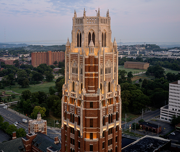 Exterior drone view of the tower at Vanderbilt Student Housing