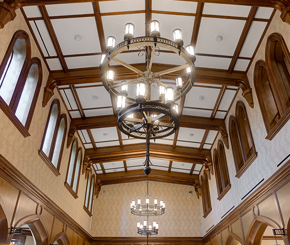 Interior view of chandeliers inside the Vanderbilt Student Housing
