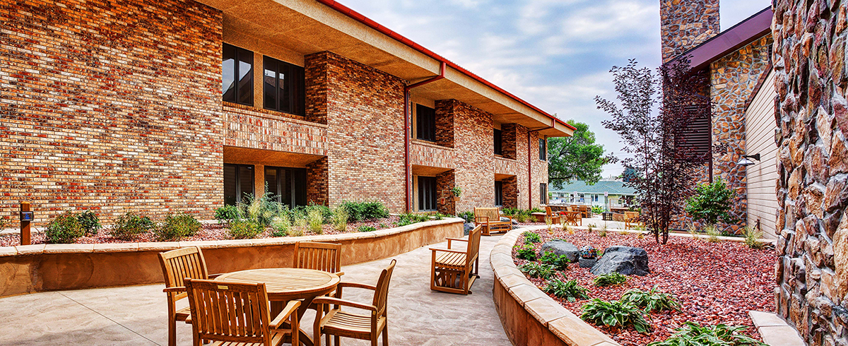 Exterior view of seating areas outside of the West Park Hospital Campus Expansion